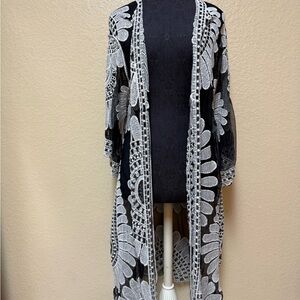 Ember Antropologie XL Embroidered Lace Tie Front Beach Swim Cover Up Sheer Black